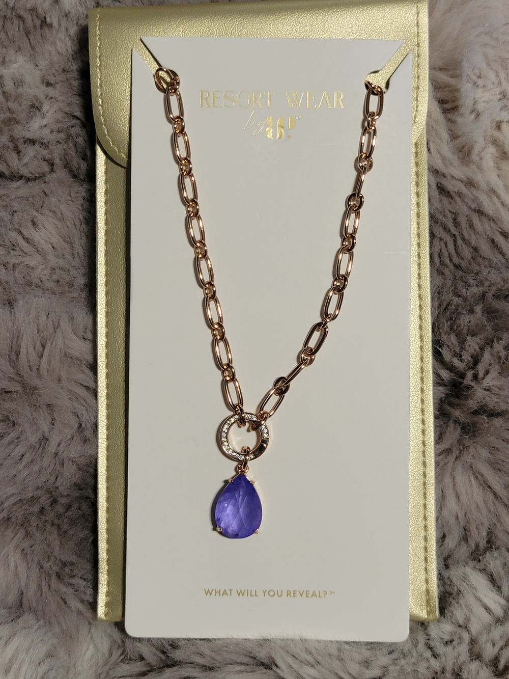 Resort Wear Gold Chain Necklace with Purple Teardrop Pendant